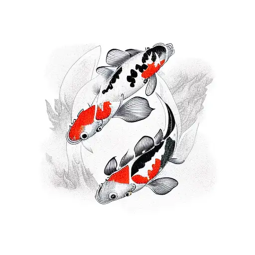 Koi Fish With Flowers In Asian Style