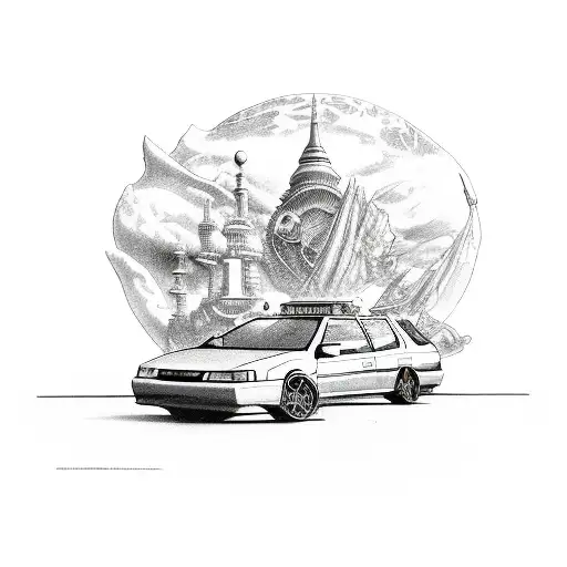 A Detailed Illustration Of A 1993 Nissan Pulsar N14 Hatchback Surrounded By Travel Landmarks