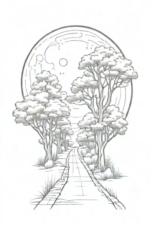 Trees Road Behind Leading To Moon