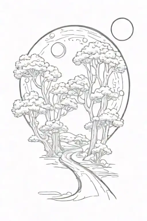 Trees Road Behind Leading To Moon