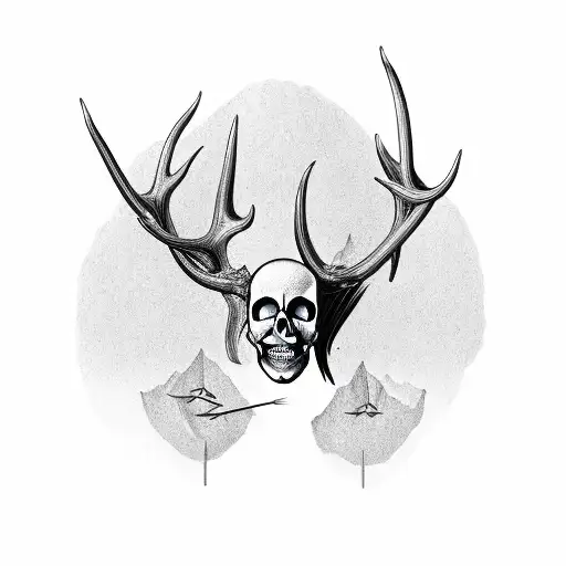A Skull With Antlers Surrounded By Fishing Hooks And Hunting Arrows