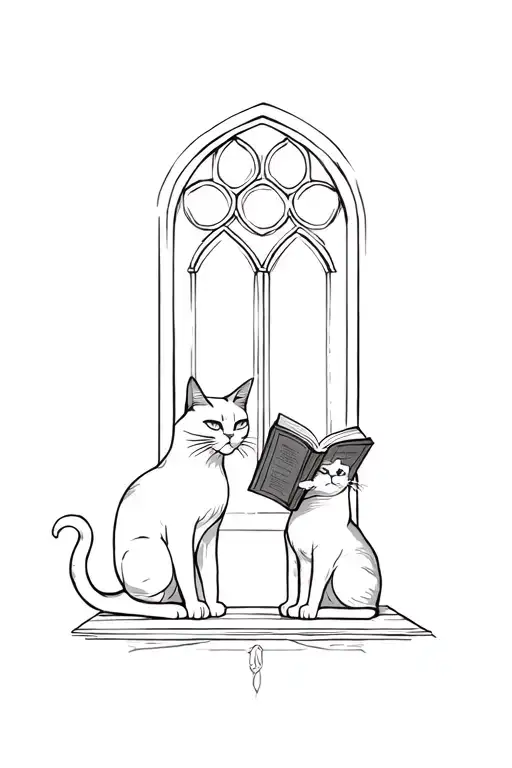 Cat Preaching With A Book To Another Cat In Front Of Gothic Style Window