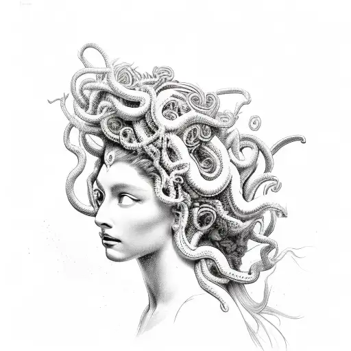 A Classic Portrayal Of Medusa With Her Classic Snake Hair Surrounded By Glowing Flowers