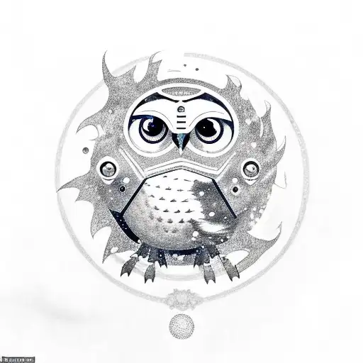 Combine A Swirling Galaxy With A Robotic Owl Flying Through A Forest In A Cosmic Tattoo Design