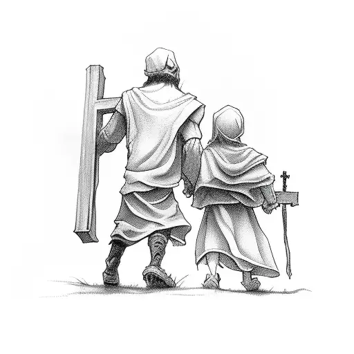 Forsaken Father Of A Young Boy And Girl Carrying A Cross In A Valley