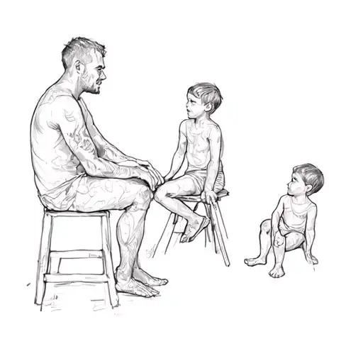 A Man And Two Children Sitting On A Stool