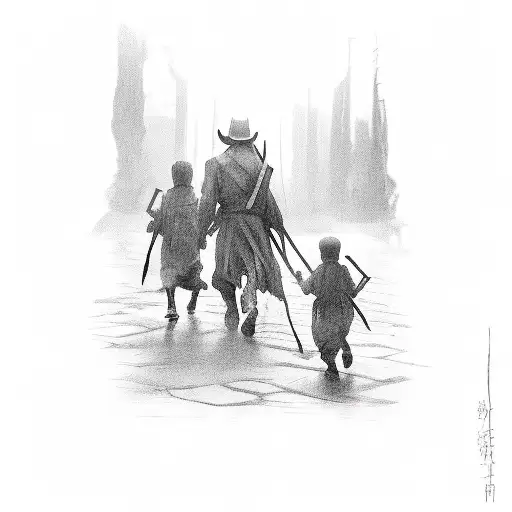 Forsaken Father Carrying A Heavy Cross On His Back With Two Children Following Him
