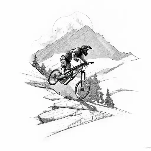 A Sketch Style Tattoo Of A Mountain Biker Riding Through A Rugged Terrain