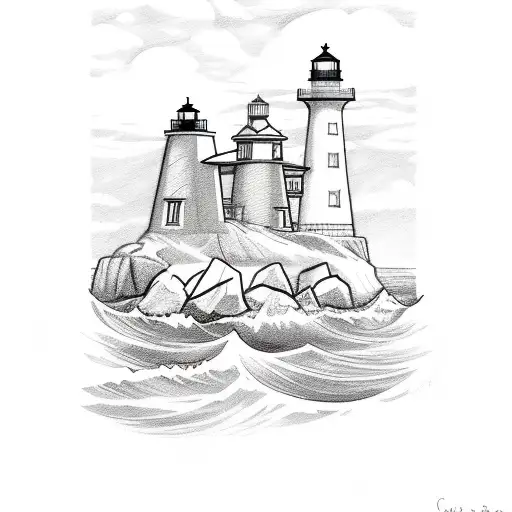 A Sketch Of A Lighthouse Surrounded By Children Playing In The Waves