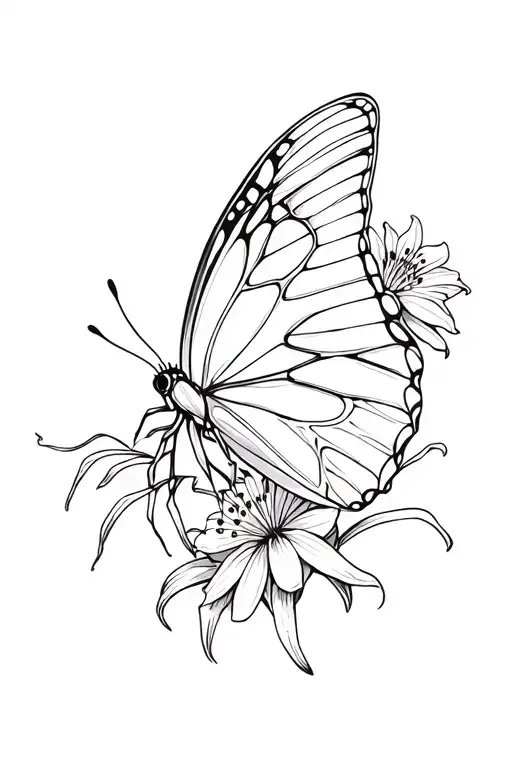 Butterfly With Spider Lilly Flowers As One Side Of The Wings