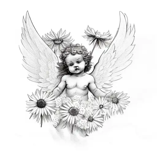 Cherub Angel On Cloud With Daisies