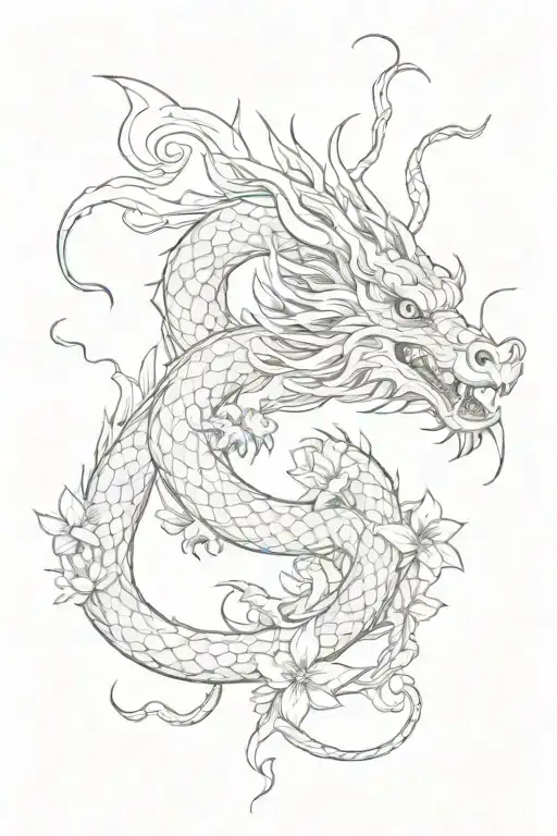 Oriental Dragon With Some Flowers Or Clouds Intertwining In It Delicate