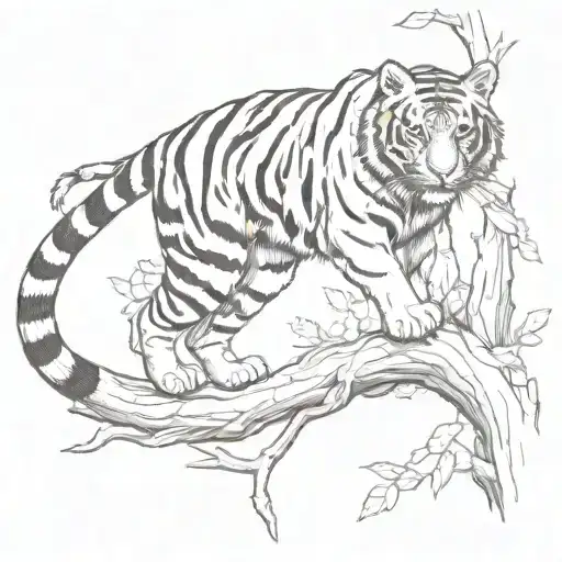 Tiger Climbing Down Tree Branch