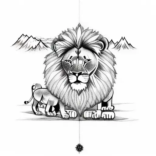 Matching Lion And Cub Tattoos With Mountains And Forest Inside