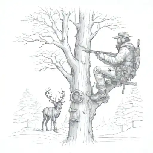 Man In A Treestand Bow Hunting Scene