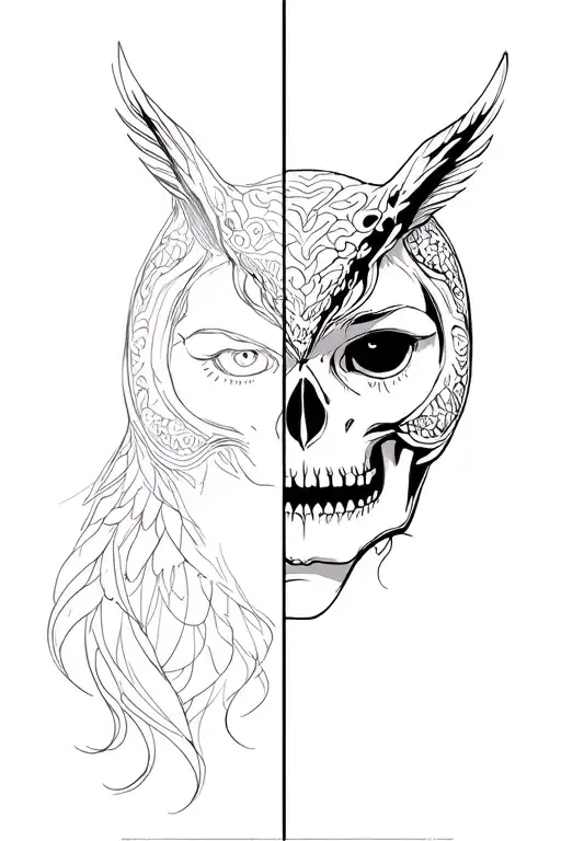 Half Woman Face With Skeleton Jaw Line Half Owl Face