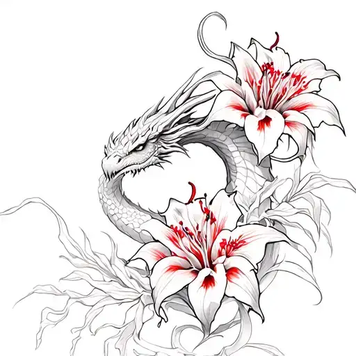Dragons And Spider Lilies Line Tattoo Red And Black