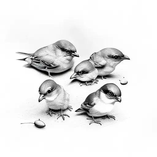 Father Bird And 3 Baby Birds