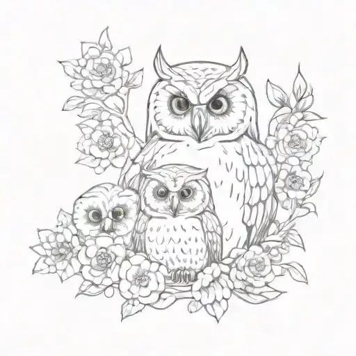 Mother Owl With Two Babies And Flowers Surrounding