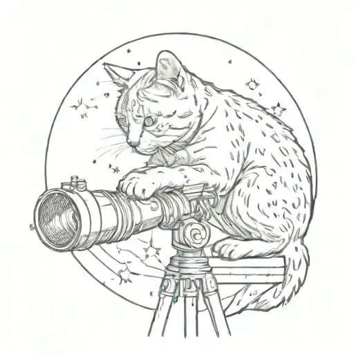 A Sketch Of A Cat Looking Through A Telescope At The Stars