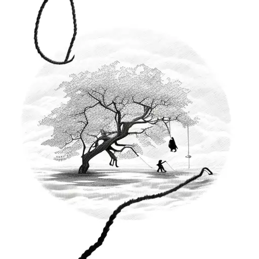 Willow Tree And Swing With Child Swinging Over Pond