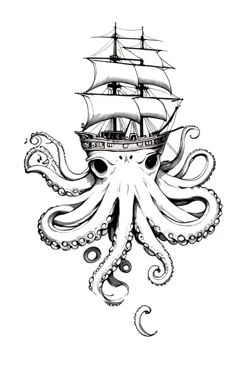 Octopus Holding Parts Of A Ship Sailing