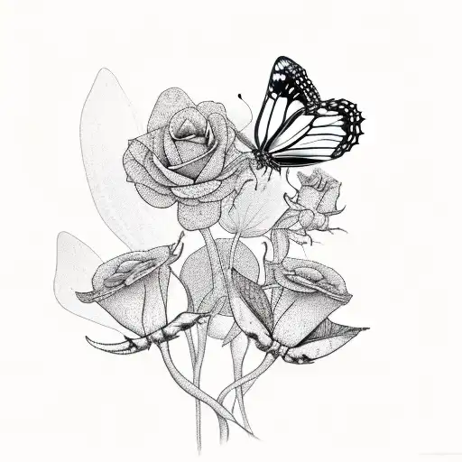 A Serene Nature Walk Scene With Butterflies And Roses Intertwined