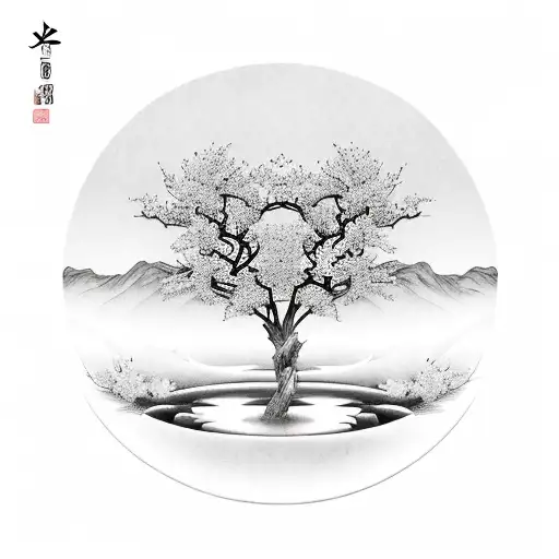 Koi Fish Yin And Yang With Sakura Trees Around It