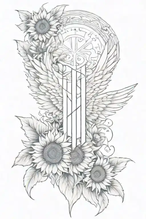 Angel Wings With Letter H In Between And At The Bottom Sunflowers