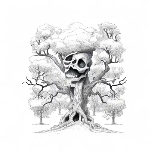 Skeleton With Arms Crossed In Old Fashioned Casket Propped Against A Leafless Oak Tree
