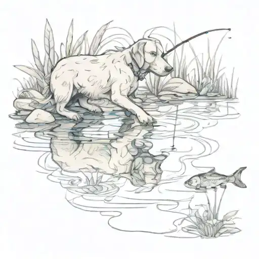 A Watercolor Painting Of A Dog Fishing In A Pond