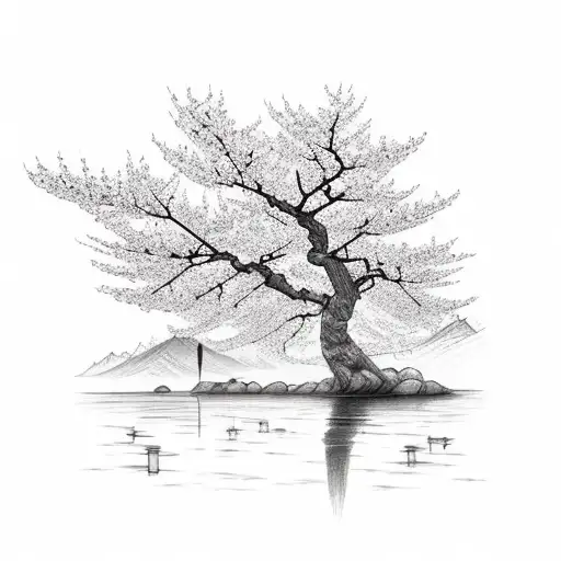 Cherry Blossom With River And Japanese Tower With A Sunset In The Background