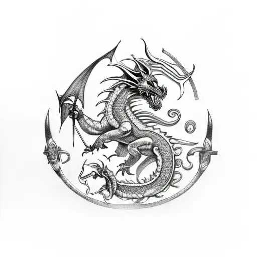 Welsh Fire Breathing Dragon With Celtic Design And Aries Ram