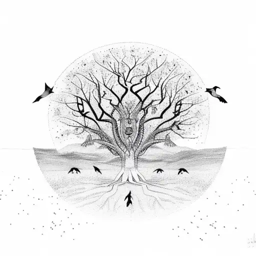 Tree Of Life With Crows And Wolves