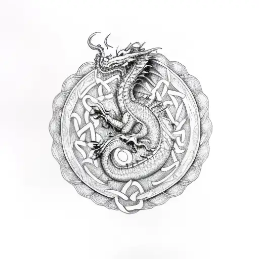 Welsh Fire Breathing Dragon With Celtic Design And Aries Ram