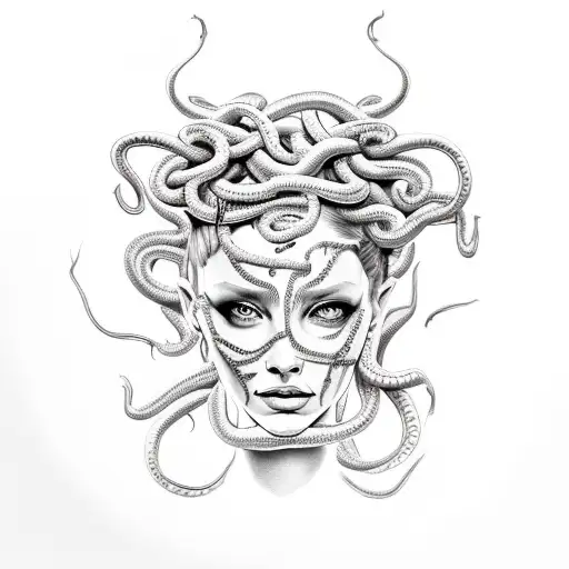 Realistic Medusa At A 45 Degree Angle Face Tattoo Template With Snakes As Her Hair