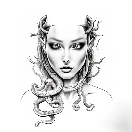 Realistic Medusa At A 45 Degree Angle Face Mens Sleeve Tattoo Template With Snakes As Her Hair