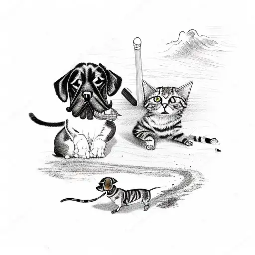 A Whimsical Scene Of A Cat And Wiener Dog Playing Together On A Beach At Sunset