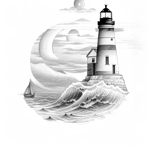 Lighthouse In The Distance At Night Guiding A Ship