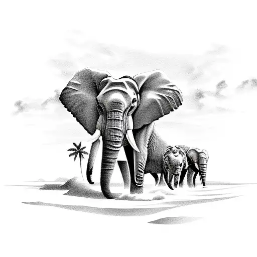 Elephants On A Beach With Palm Trees