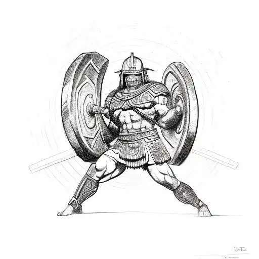 A Detailed Sketch Of A Spartan Warrior Lifting A Dumbbell With Determination