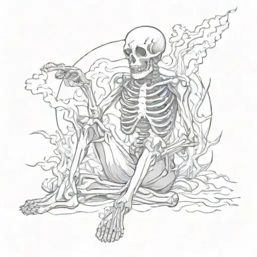 A Skeleton Sitting Cross Legged And On Fire
