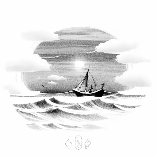 Wave With Sun And Clouds And Ship