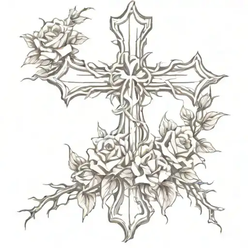 A Sketch-style Design Of A Cross Made Of Thorns With Roses Blooming Around It