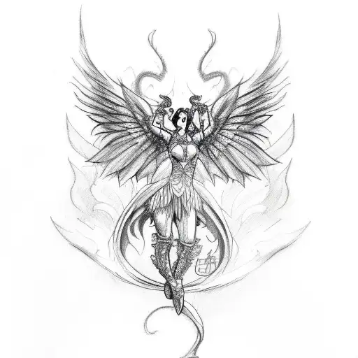A Sketch Style Tattoo Of A Dancer With Dragon Wings