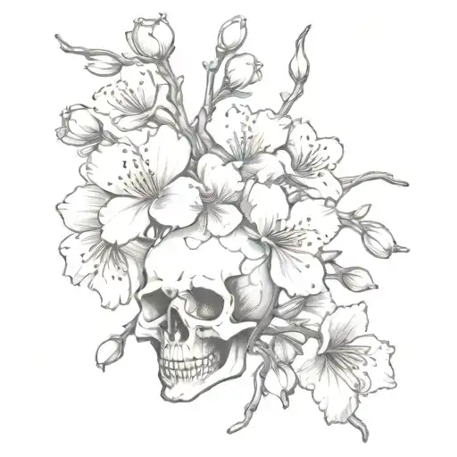 A Hip Tattoo Of Cherry Blossom Flowers Intertwined With Skulls Of Different Sizes Symbolizing Death