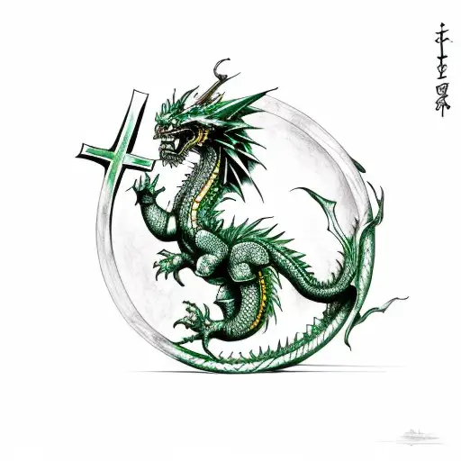 Green And Gold Dragon Holding A Cross