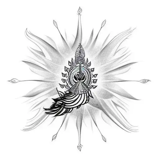 A Minimalist Tattoo Design Combining Lord Shiva's Trident And A Peacock Feather Of Lord Krishna