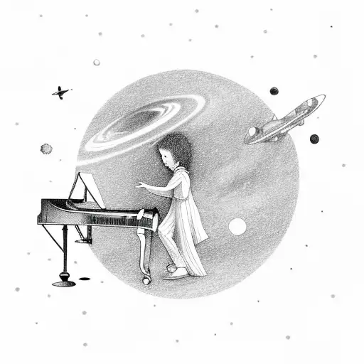 Playing Piano And Notes Fly To Create A Portal To The Space Where An Astronut Flys Out Of It