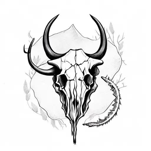 Bull Skull With Red Eyes In Half Moon And Red String Of Fate In A Misty Forest